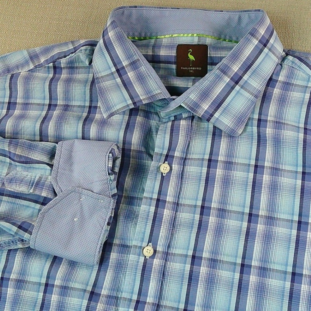 Tailorbyrd Button Down Shirt Mens 3XL Blue Plaid 100% Cotton‎ Flamingo Logo